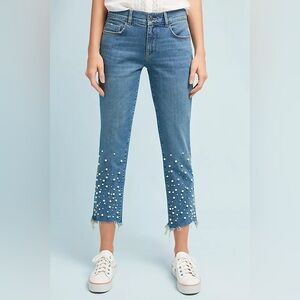 Anthropologie Pilcro Hyphen Pearl Applique Mid Rise Relaxed Slim Boyfriend Jeans